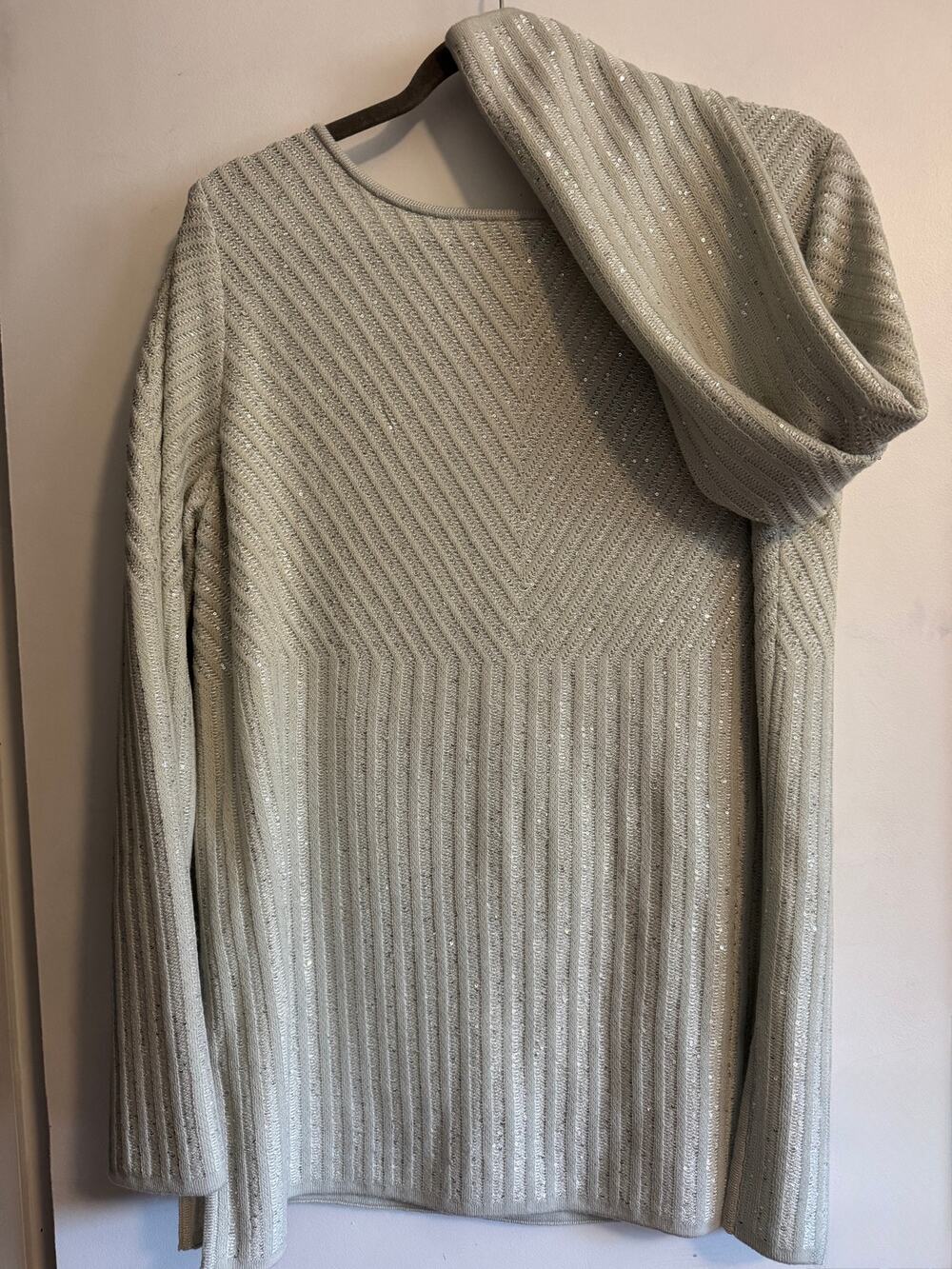 St John Size L Ivory Sequin Chevron Ribbed Knit Wool Blend Tunic Sweater
